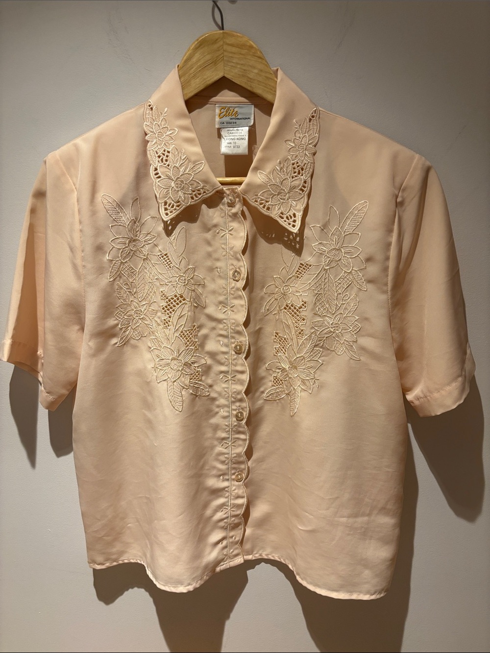Delicate Embroidered Short-Sleeve Button-Down Blouse - Peach Made in Hong Kong